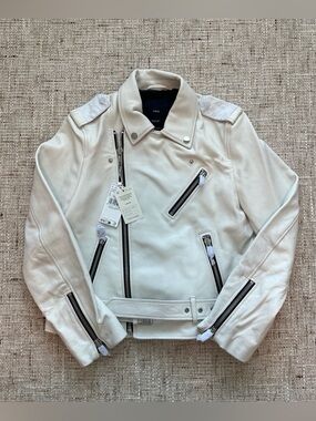 MANGO women White Sheep Leather Biker Jacket L